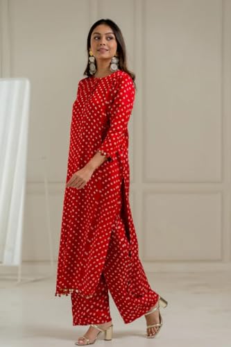 Image of LookMark Women Cotton Blend Bandhej Printed Bandhani Kurta Palazzo Set With Sequence Lace
