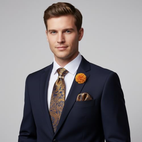 Image of 5PCS Mens Premium Silk Tie, Pocket Square, Cufflinks, Drilled Tie Ring and Lapel Pin Set for Wedding Groom Party