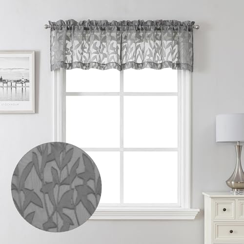 Lecloud Leia Charcoal Grey Curtains Sheer Valances for Windows 14 Inch Length 2 Pieces, Airy...