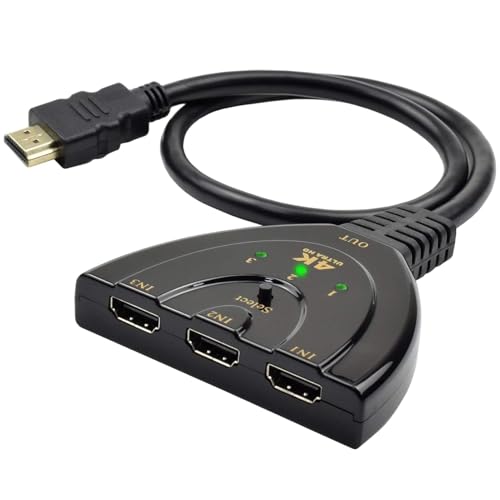 Switch 4K, 3 Entradas 1 Salida Switch Splitter con Cable Soportes Full HD 3D 1080P para Apple TV Fire Stick PS3/4/5/ BLU-Ray DVD Player Xbox Selectores de Audio y vídeo