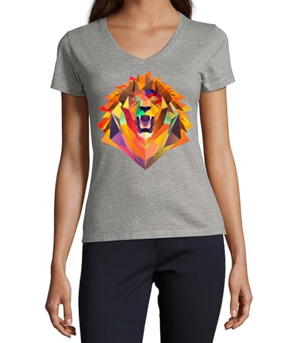 T-shirt coton col V femme tête de lion au design artistique premium