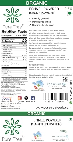 Image of Pure Tree Certified Organic Saunf Powder | 100 g | Fennel Seed Powder | Variyali, Sompu Powder | Gluten Free & Flavourful