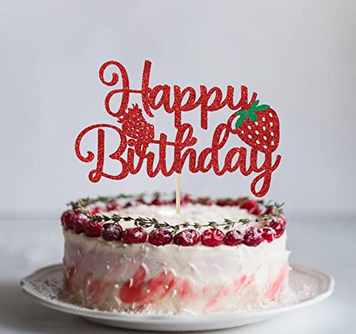 Strawberry Happy Birthday Cake Topper Red Glitter, Strawberry Theme Birthday Party Decoration, Berry Sweet Party Summer Fruit Themed Party Decorations #TOP1