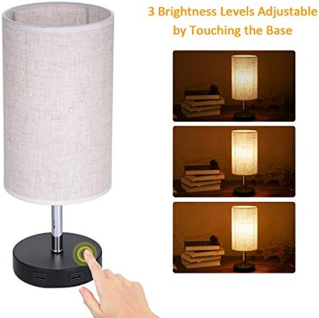 Touch Control Bedside Table Lamp Dimmable with 2 USB Charging Port,Tomshin-e Modern Nightstand Desk Lamp Fabric Shade for Bedroom,Living Room,Office,Study Room,Lounge,LED Bulb Included