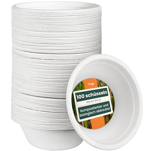 HAAGO 100 Zuckerrohr Einweg Suppenschalen, Heim Kompostierbar, Einwegschalen - Pappschalen Einweg, Suppenschüssel Einweg für Partys & Versammlungen im Freien - 350 ml Einweg Schalen