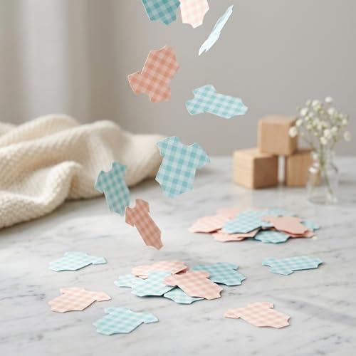 Image of BeYumi Baby Shower Table Confetti - 300Pcs Blue Pink Short-Sleeve Bodysuits Table Confetti Decorations Plaid Baby Outfit Scatter Paper Decor for Baby Girls Boys Gender Reveal Birthday Party Supplies