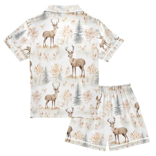 senya Deers Painting Satin Summer Pajama Sets Silk Short Sleeve Button Down Sleepwear2
