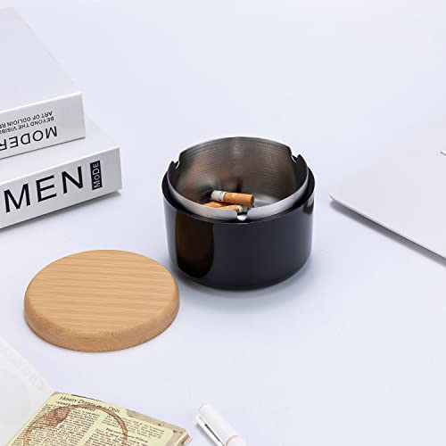 Smokeless Ashtray With Wooden Lid, Smokeless Cool Ash Holder With Stainless Steel Liner Ash Tray Windproof Durable Easy To Clean,Ash Tray Sets Ashtray For Office Home And Outdoor #TOP2