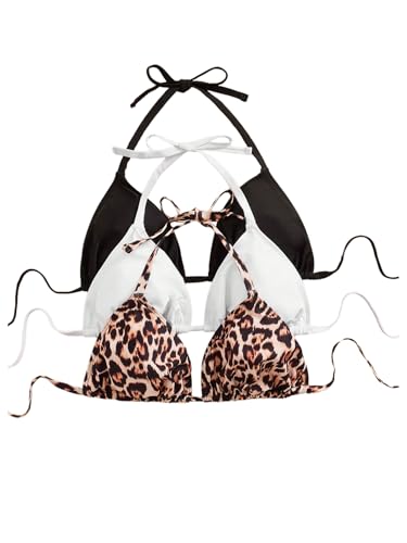 SweatyRocks Women's Plus Size s 3 Pack Leopard Print Halter Bikini Top Tie Backless String Swimsuit Tops