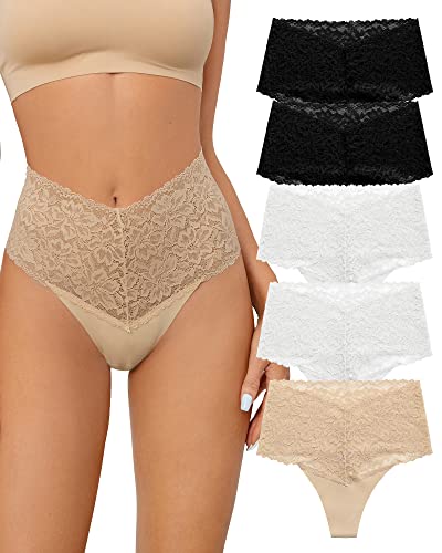 Image of SHARICCA Women Seamless High Waist Underwear Sexy Floral Lace Thong Soft Comfortable Panties Pack