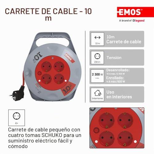 Miniatura 2 de Emos - Mini Enrollador De Cable De 10 M - 4 Enchufes Schuko - 230 V, 10 A, 2300 W - Aislamiento De Pvc - H05vv-F3g 1,0 Mm2 - Con Interruptor Térmico - Ip20 Para Interiores