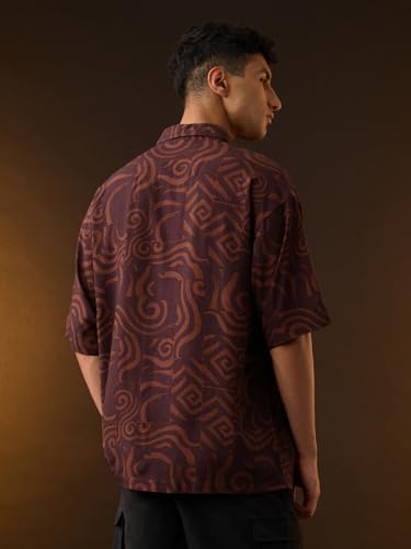 Image of The Souled Store Avatar: Elements Men and Boys Short Sleeves Collared Neck Button Front Brown Embroidered Rayon Oversized Shirts