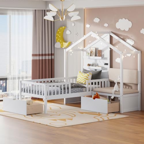 Twin House Bed with Upholstered Sofa, Charging Station and 2 Drawers
