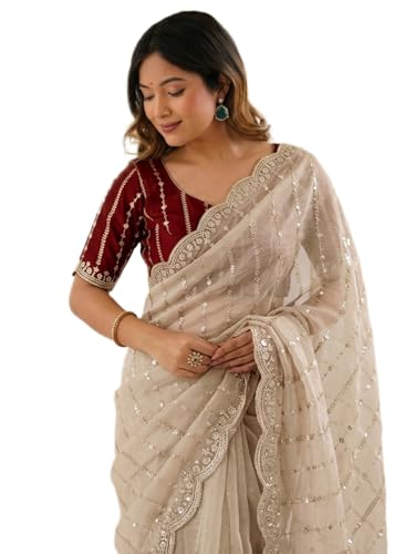 Image of SIRIL Women's Shimmer Georgette Scalloped Border Sequins Embroidery Saree with Unstitched Blouse Piece
