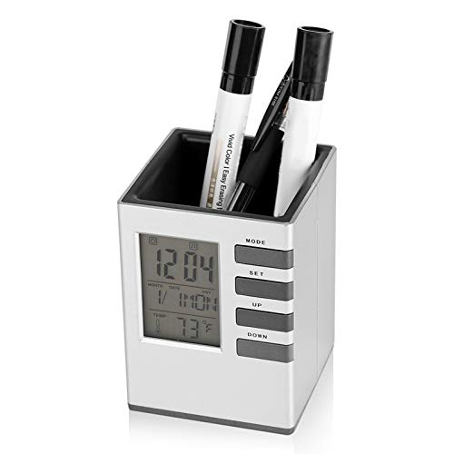 Jwthee Portápices De Escritorio Para Bolígrafos, Organizador De Bolígrafos, Herramienta Con Led,Temporizador,Calendario,Termómetro,Estuche Para Suministros De Oficina
