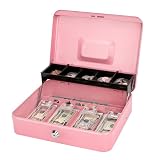 Jssmst Cash Box with Money Tray and Lock - Pink Cash Box with Key Lock Safe Money Box Large, Locking Register Drawer for Money, 11.8'' x 9.5'' x 3.5'', SM-CB005PK