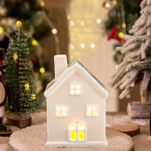 Nexoria Decoración navideña de cerámica para casa de luz, pueblo de Navidad con iluminación LED, casa de luz blanca de porcelana blanca para decoración navideña (D)