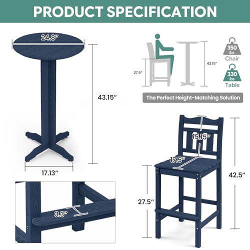 Image of Outdoor Round Bar Table, 43 Inch All-Weather HDPE Bar Height Pub Table with Adjustable Feet, Heavy Duty High Top Bistro Table for Garden, Deck, Poolside,Backyard (Navy Blue)