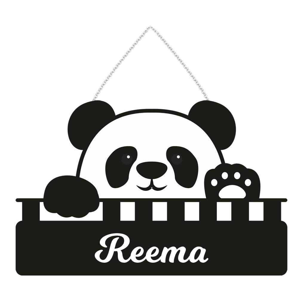 FurnishFantasy Cute Panda Customised Name Plate with Hanging Chain | Gift for Kids on Birthday | Return Gift | Kids Room Decor | Door Sign | Size: 11.5 x 7.5 inch | Name - Reema