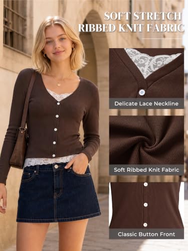 Image of Womens Lace Long Sleeve Top Paneled Henley Shirts Y2k 2000s Fitted Going Out Tops Blouse