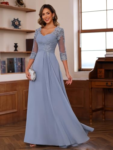 Loyeloy Women's Chiffon Mother of The Bride Dresses for Wedding with Sleeves 2025 Lace Applique Evening Gowns with Pockets3
