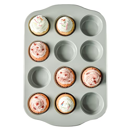 12-Cavity Muffin Pan Nonstick Ceramic Cupcake Pan Heavy-Duty 0.6mm Carbon Steel Easy-Release Bakeware for Home Bakers & Holiday Treats Grey