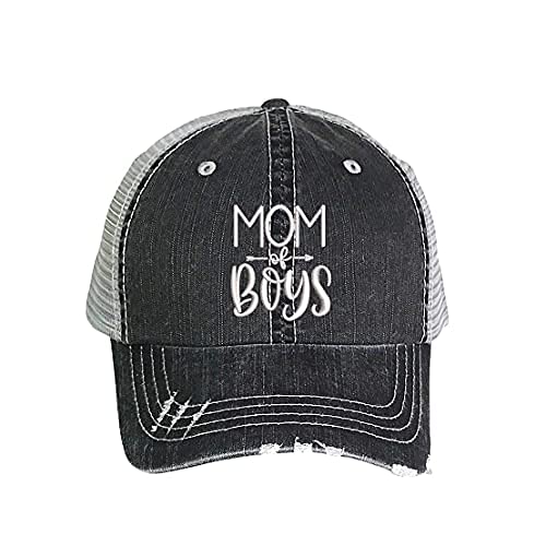 Mom of Boys Distressed Trucker Hat - Embroidered Trucker Baseball Hat (Black)