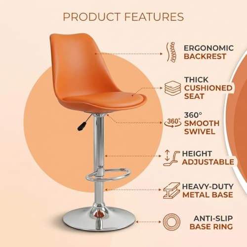 Image of activa Rapid Bar Stool Chair with Height Adjustable Design, Padded Seat & Footrest | Modern Metal Counter Stool for Kitchen, Home, Bar & Cafe Seating | Durable Comfort Chair (Orange, Set 1)