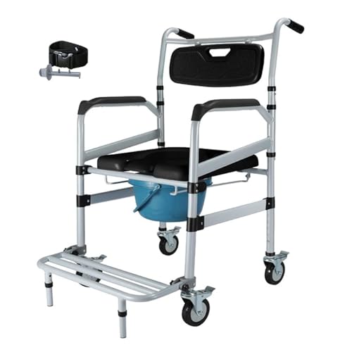 Silla WC Personas Mayores,Silla de BañO Geriatrica,Sillas De Inodoro con Ruedas,Sillas De Ducha para Ancianos con BañO,Asiento Acolchado Y Cubo Desmontable,Capacidad 150 Kg