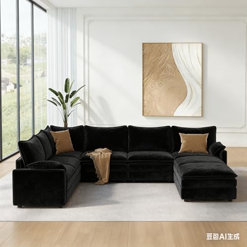 Image of Vesgantti Large Modular Sectional Sofa, 8 Seater Cloud Couch, Velvet Black