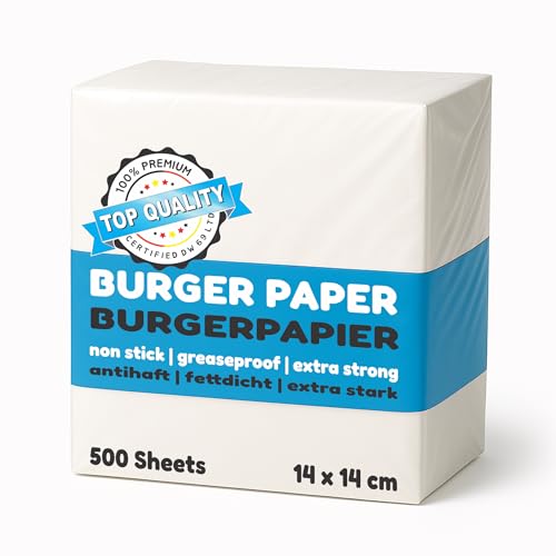 Belmalia 500 Hojas de Papel para Hamburguesas Cuadradas | Papel de Hornear | Papel de Cera para Hamburguesas, Prensa, Parrilla | Antiadherente | 14 x 14 cm
