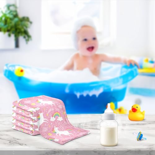 Image of vvfelixl White Unicorn Rainbow Star Baby Burp Cloths Baby Muslin Washcloths for Boys Girls Cotton Baby Face Towel for Newborn Infants Soft and Absorbent 11.8 X 11.8 in, 5 Pack