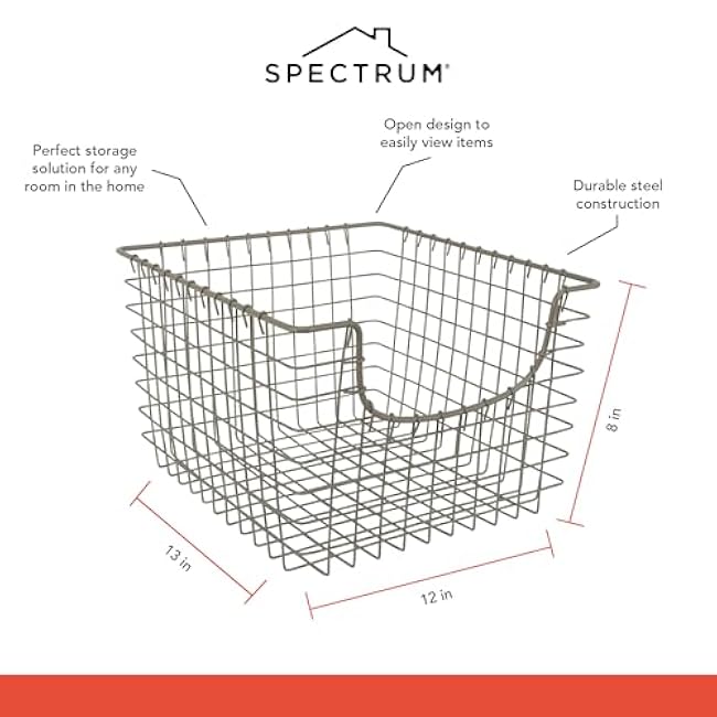 Spectrum Diversified 98977 Scoop Wire Basket, Vintage-Inspired Steel Storage Solution for Kitchen, Pantry, Closet, Bathroom, Craft Room & Garage, Single, Satin Nickel