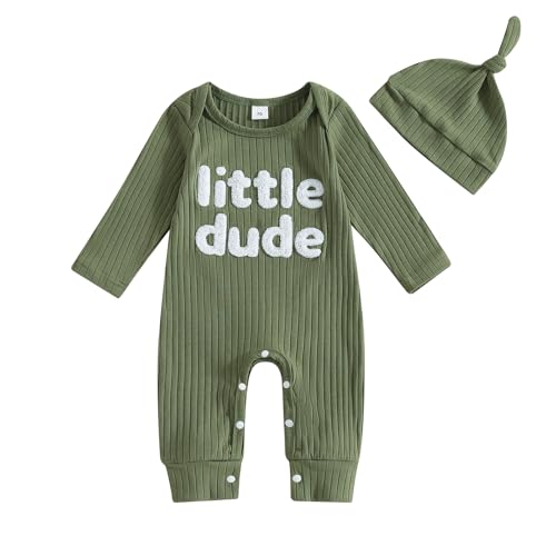 Image of MERSARIPHY Newborn Boy Clothes Baby Boy Coming Home Hospital Outfit Little Dude One Piece Romper Jumpsuit+Hat Clothing Set