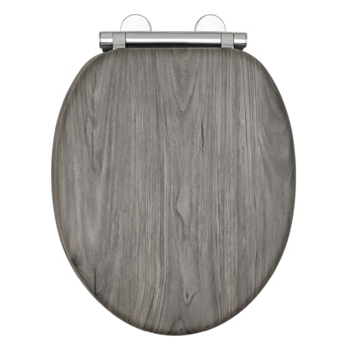 AQUALONA Luxury Grey Oak Effect Toilet Seat - Soft Close MDF Moulded Wood Seat with Quick Release Button and Durable Hinges - Comfortable Easy to Clean and Install with Universal Fittings