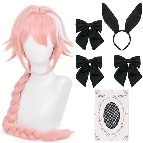 Aqnhec Astolfo Cosplay Wig with 3 Black Bowknot,Long Pink Wig Costume Hair Braided Anime with Cap for Halloween Cosplay Party