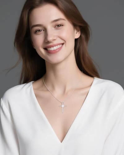 Cross Necklace for Women, 1 Carat Moissanite Cross Pendant, 925 Sterling Silver Plated Cross Faith Pendant Necklaces Religious Anniversary Birthday Christmas Jewelry Gifts for Women Her Wife2