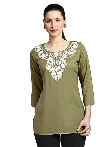 Image of QAZMI Women's Cotton,Rayon Embroidered Regular Tunic Shirt