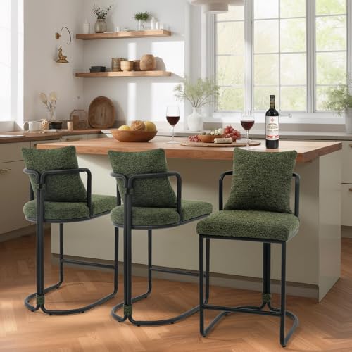 Butacos de altura para barra RNKSFX, juego de 3 unidades, 26 pulgadas, modernos, tapizados, con respaldo y patas metálicas, sin brazos, en verde, para isla de cocina o bar en casa miniatura 1