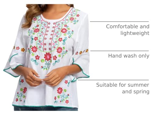Image of Mexican Shirts Peasant Blouses for Women Cotton Embroidered Blouses Fiesta Summer Bohemian Shirts 3 /4 Sleeves