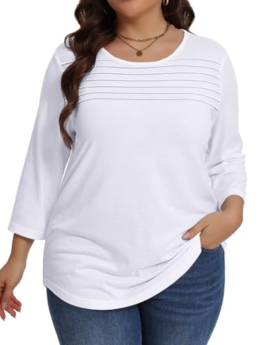 Plus Size Tops for Women 3/4 Length Sleeve Shirts Fall Pleated Blouses Round Neck Tunics Spring Clothes