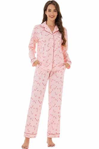 Image of LUBOT Christmas Pajamas for Women 100% Cotton Pajama 2 Piece PJ Set Soft Long Sleeve Button Xmas Print Loungewear XS-XXL