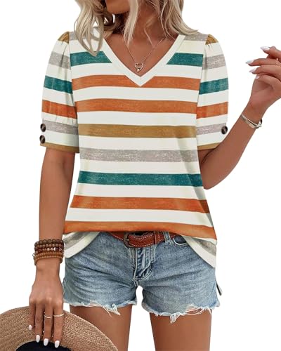 Image of OFEEFAN Womens Tops Short Sleeve Shirts Buttons V Neck Spring Fashion Summer Outfits Plus Size Blouses Dressy Casual