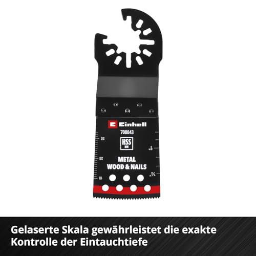 Original Einhell Tauchsägeblatt aus Bi-Metall für Metall- und Holzbearbeitung (34 mm Breite, 40 mm Eintauchtiefe, PTFE-Finishing, Metallverzahnung, gekrümmte Schneide, Schnellwechselfunktion)