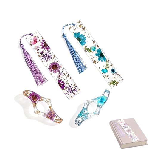 Ztolbriy Lot de 4 marque-pages en résine avec fleurs séchées, porte-page de livre transparent fait à la main avec pompon mignon, accessoire de livre cadeau...