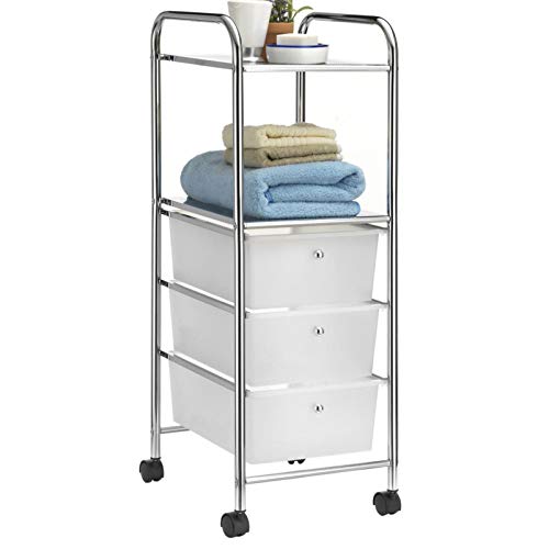 IDIMEX Caisson sur roulettes GINA Chariot avec 3 tiroirs en Plastique Blanc Transparent et 2 étagères, Meuble de Rangement pour Salle de Bain en métal chromé