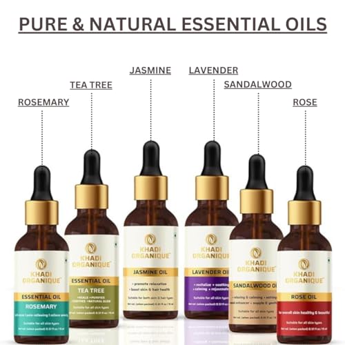 Image of Khadi Organique Natural & Pure Essential Oils Combo - Rosemary, Jasmine, Lavender, Tea Tree, Sandalwood & Rose Essential Oil | For Healthy Skin & Hair | Soothing & Calming - Pack of 6 (6x15ml)