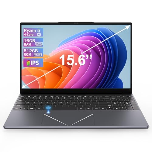 15.6 Inch Laptop, Quad-Core Ryzen 5 Up to 3.7GHz (Beat N95 N5095), 16GB RAM, 512GB SSD, Full HD IPS, Laptop Computer with Fingerprint Unlock Support 2.4G/5G WiFi, BT5.0, Type-C, USB3.0, Mini HDMI