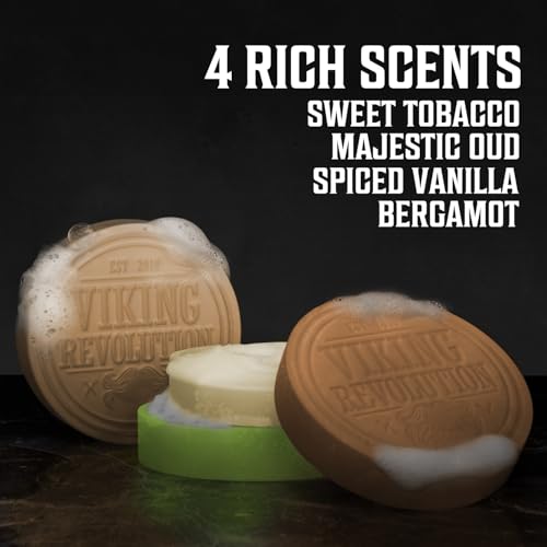 Image of Viking Revolution Shaving Soap for Men - Shave Soap for Use with Shaving Brush and Bowl for Smoothest Wet Shave, Shaving Soap Puck - 4 Pack Variety, Each Pack 2.5oz (Vanilla, Bergamot, Tobacco, Oud)