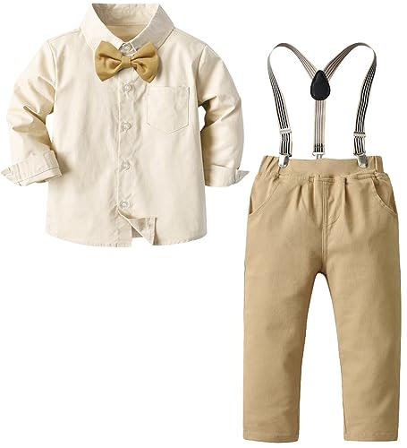 Image of SANGTREE Boys Gentleman Clothes Set, Short Sleeve Shirt with Bowtie + Suspender Pants Outfit, 3 Months - 6 Years
